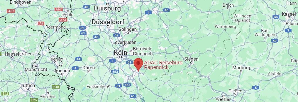 Kartenausschnitt mit Fokus auf Köln und Umgebung, Standort-Markierung des ADAC Reisebüros in Sankt Augustin.